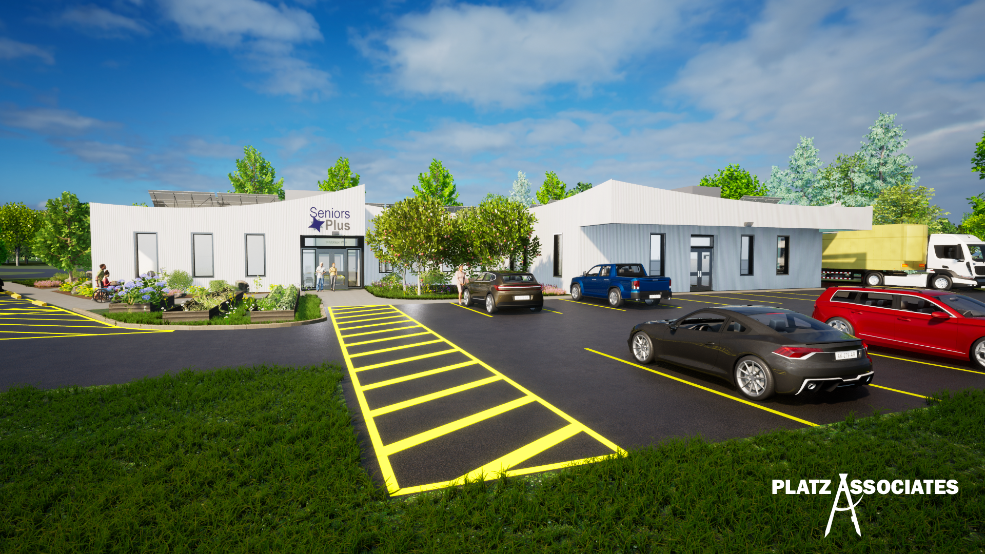 Architect's rendering shows a light colored single-story building with curved roof and tall, narrow, single-paned windows. At the right side is another entrance for the Nutrition side of the building. At the far right is a tractor trailer using the designated delivery area for food for the Meals on Wheels program.