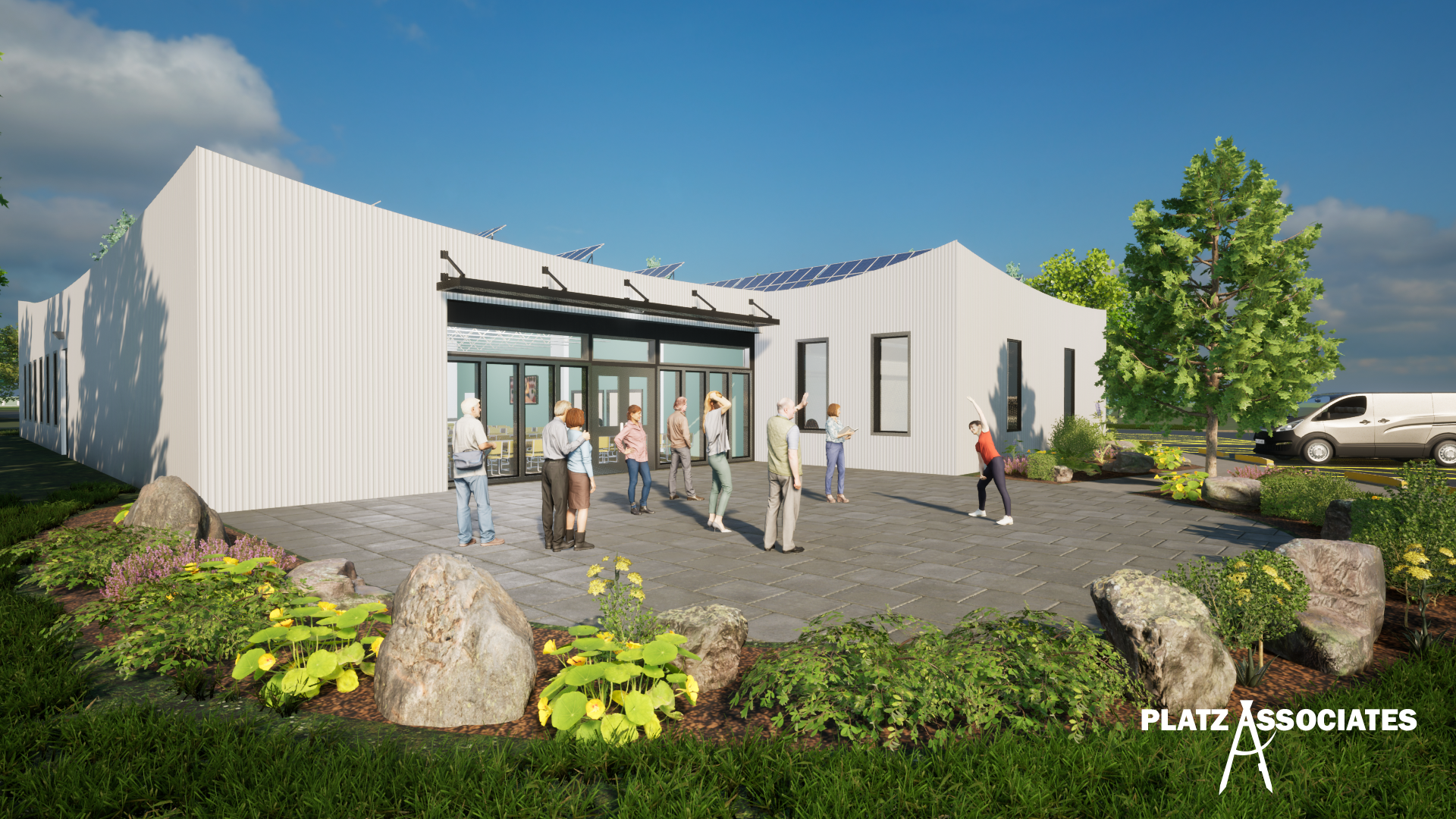 Architect's rendering shows a stone patio edged with flowers and decorative boulders. A fitness instructor leads a group of older adults in stretching exercises.