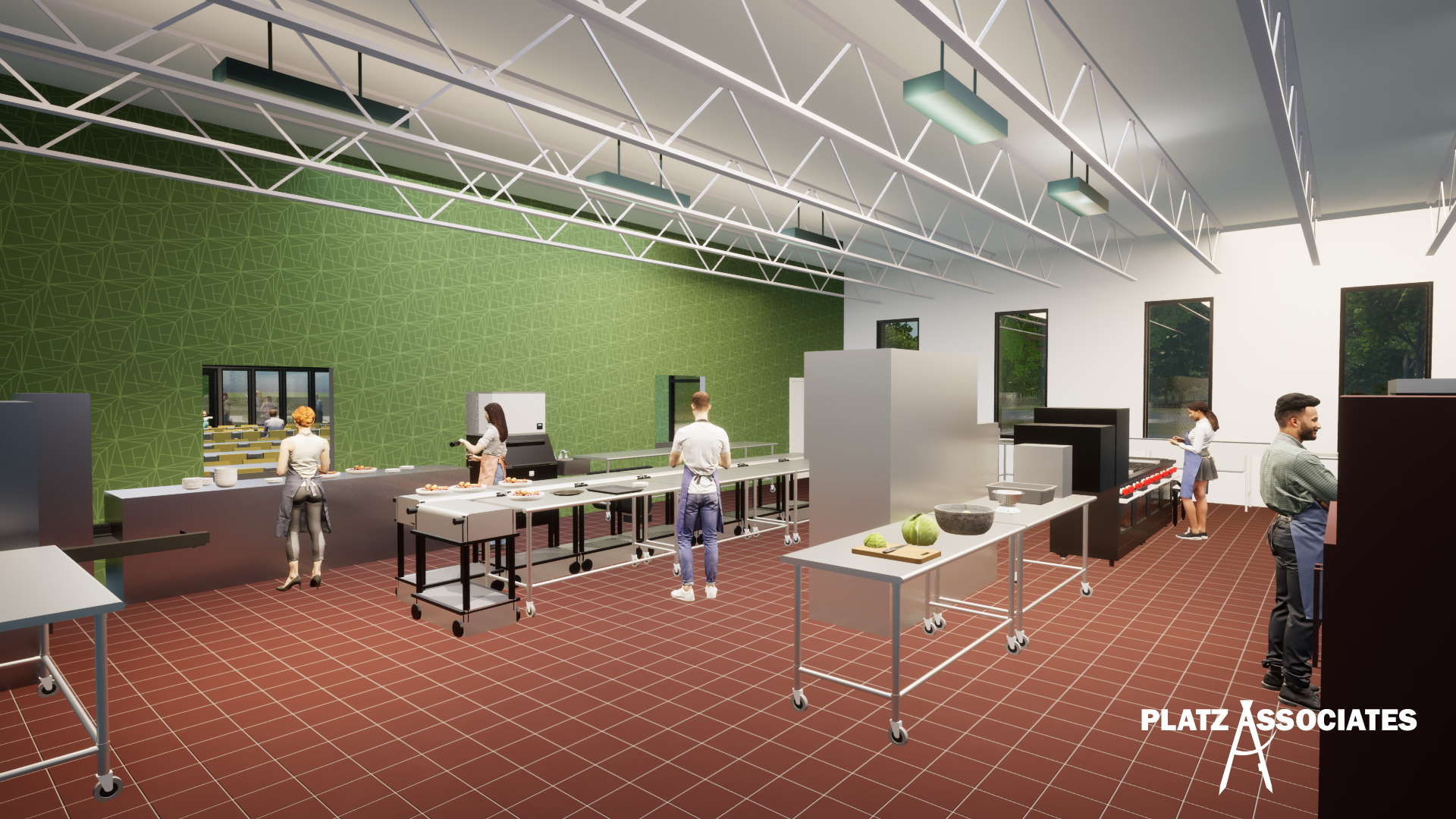 Architect's rendering shows a bright, spacious kitchen with multiple people preparing and packaging Meals on Wheels